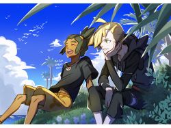 Rule 34 | 2boys, :d, absurdres, ahoge, alolan exeggutor, alolan form, black shirt, blonde hair, closed eyes, cloud, commentary request, creatures (company), dark-skinned male, dark skin, dated, day, floral print, game freak, gen 7 pokemon, gladion (pokemon), grass, green hair, happy, hau (pokemon), head rest, highres, hood, hoodie, knees, letterboxed, male focus, mugiccha2, multiple boys, nintendo, open mouth, outdoors, pants, pokemon, pokemon (creature), pokemon sm, shirt, short hair, short ponytail, shorts, signature, sitting, sky, smile, teeth, tongue, upper teeth only