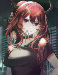 Rule 34 | 1girl, arknights, bad id, bad pixiv id, black choker, black shirt, breasts, choker, chromatic aberration, commentary, cross, cross necklace, gradient background, grey background, hair between eyes, highres, horns, indoors, jewelry, long hair, looking at viewer, medium breasts, mike (kayomire), mouth hold, necklace, official alternate costume, purple eyes, red hair, revision, shirt, short sleeves, smile, solo, surtr (arknights), surtr (liberte echec) (arknights), twitter username, upper body