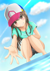 Rule 34 | 1girl, absurdres, barefoot, baseball cap, blue shirt, brown eyes, brown hair, cameltoe, cleft of venus, cloud, grin, hat, highres, long hair, ninyo (user pddg5877), one-piece swimsuit, original, outstretched arm, outstretched hand, school swimsuit, shirt, sky, smile, solo, squatting, swimsuit, wading, water