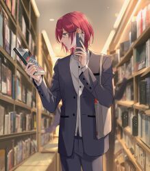 Rule 34 | 1boy, bag, blue eyes, book, bookshelf, buttons, cellphone, chinese commentary, closed mouth, collared shirt, commentary request, ensemble stars!, glasses, hair between eyes, highres, holding, holding book, holding phone, long sleeves, male focus, phone, purple hair, rrr (reason), saegusa ibara, shelf, shirt, short hair, smartphone, solo