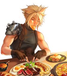 Rule 34 | 1boy, absurdres, armor, blonde hair, bread, brown gloves, closed eyes, cloud strife, couchrat, earrings, eating, egg, final fantasy, final fantasy vii, fingerless gloves, food, food in mouth, fork, gloves, hair between eyes, highres, holding, holding fork, holding knife, jewelry, knife, male focus, muscular, muscular male, plate, salad, sausage, short hair, shoulder armor, single bare shoulder, single earring, sitting, sleeveless, sleeveless turtleneck, solo, soup, spiked hair, spoon, steak, table, turtleneck, upper body, white background