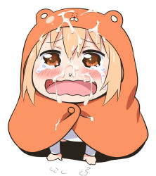 Rule 34 | 10s, 1girl, blonde hair, blush, brown eyes, crying, doma umaru, hamster costume, himouto! umaru-chan, hood, komaru (himouto! umaru-chan), long hair, looking at viewer, messy, open mouth, solo, suggestive fluid, tears, youkan