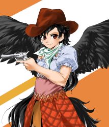 Rule 34 | 1girl, bandana, black hair, black wings, blue bandana, blue dress, blush, breasts, brown dress, brown eyes, brown skirt, closed mouth, commentary request, cowboy hat, cowboy shot, cowboy western, dress, feathered wings, frilled sleeves, frills, gun, handgun, hat, highres, holding, holding gun, holding weapon, horse tail, kurokoma saki, long hair, looking at viewer, medium breasts, multicolored clothes, multicolored dress, orange background, pink dress, puffy short sleeves, puffy sleeves, revolver, short sleeves, skirt, smile, solo, tail, terumaeromae, touhou, trigger discipline, very long hair, weapon, white background, wings