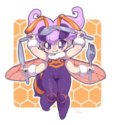 Rule 34 | 1girl, absurdres, antennae, arthropod girl, bee girl, blush, covered navel, extra arms, fork, highres, holding, holding fork, holding knife, insect girl, insect wings, knife, navel, purple eyes, purple hair, q-bee, short hair, signature, skin tight, solo, vampire (game), white background, wings, woory, wrist cuffs