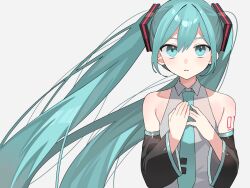 Rule 34 | 1girl, aqua eyes, aqua hair, aqua necktie, bare shoulders, black sleeves, collared shirt, detached sleeves, grey background, grey shirt, hair ornament, hands on own chest, hands up, hashtag-only commentary, hatsune miku, highres, long hair, looking at viewer, necktie, nitsuki 09, parted lips, shirt, sleeveless, sleeveless shirt, solo, straight-on, twintails, upper body, very long hair, vocaloid