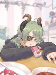 Rule 34 | 1girl, ahoge, black hoodie, blue eyes, blurry, blurry background, blurry foreground, blush, brown horns, character doll, commentary request, couch, curled horns, curry, eyepatch, food, fork, fruit, green hair, highres, hood, hood down, hoodie, horns, indoors, juice box, long sleeves, looking at viewer, low twintails, medium bangs, medium hair, mirror, nanashi inc., open mouth, pingu, pingu (series), pink nails, plant, plate, sekishiro mico, solo, strawberry, table, twintails, upper body, vines, virtual youtuber, yunagi teguru