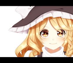 Rule 34 | 1girl, absurdres, bad id, bad pixiv id, black hat, blonde hair, bow, braid, hair between eyes, hair bow, hat, hat bow, highres, kirisame marisa, letterboxed, looking at viewer, portrait, shinonome asu, single braid, smile, solo, touhou, white background, white bow, yellow eyes