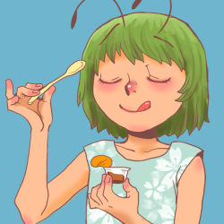 Rule 34 | 1girl, :q, alternate costume, antennae, blue background, eating, eyebrows, closed eyes, green hair, holding, holding spoon, licking lips, onikobe rin, simple background, sleeveless, smile, solo, spoon, tongue, tongue out, touhou, wriggle nightbug