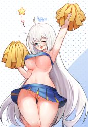 Rule 34 | 1girl, ;d, absurdres, ahoge, annyeongbangawo, arm up, armpits, bandaid, bandaid on pussy, bare legs, bare shoulders, black-framed eyewear, blue eyes, blush, bouncing breasts, breasts, character request, cheerleader, commentary request, copyright request, glasses, gluteal fold, highres, korean text, large breasts, leg up, long hair, looking at viewer, miniskirt, navel, no panties, one eye closed, open mouth, polka dot, polka dot background, pom pom (cheerleading), round eyewear, silver hair, skirt, smile, solo, standing, standing on one leg, star (symbol), stomach, sweat, teeth, thigh gap, translation request, underboob, upper teeth only, upskirt, very long hair