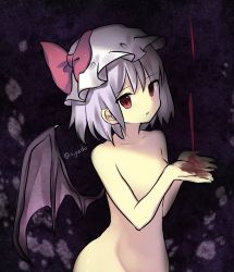Rule 34 | 1girl, ambiguous red liquid, blue hair, bow, hat, hat bow, looking at viewer, mob cap, nude, red eyes, remilia scarlet, short hair, solo, touhou, twitter username, wings, yadoyuki
