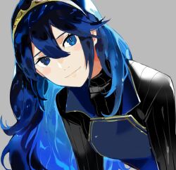 Rule 34 | 1girl, aisutabetao, black sweater, blue eyes, blue hair, blush stickers, brand of the exalt, closed mouth, fire emblem, fire emblem awakening, grey background, hair between eyes, leaning forward, long hair, long sleeves, looking at viewer, lucina (fire emblem), nintendo, ribbed sweater, smile, solo, sweater, symbol in eye, tiara, turtleneck, turtleneck sweater, upper body