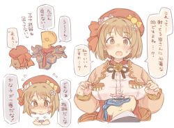 Rule 34 | 1girl, 7010, armor, blush, breasts, brown eyes, brown hair, commentary request, flower, granblue fantasy, hair flower, hair ornament, hat, idolmaster, idolmaster cinderella girls, jewelry, large breasts, looking at viewer, mimura kanako, necktie, open mouth, p-head producer, producer (idolmaster), ring, short hair, simple background, translation request, white background