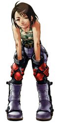 Rule 34 | 1girl, androgynous, bare shoulders, boots, brown hair, capcom, edaki shin&#039;ya, gloves, hands on own knees, justice gakuen, kazama akira, knee pads, muscular, official art, reverse trap, short hair, smile, solo, standing, street fighter, tank top, tomboy