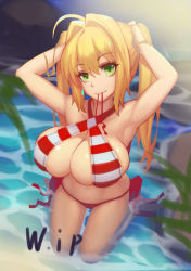 Rule 34 | 1girl, ahoge, arms up, bad id, bad pixiv id, bikini, blonde hair, blush, breasts, cleavage, fate/extra, fate/grand order, fate (series), green eyes, hair intakes, halterneck, hands on own head, large breasts, long hair, looking at viewer, mouth hold, nero claudius (fate), nero claudius (fate) (all), nero claudius (swimsuit caster) (fate), qblade, red bikini, side-tie bikini bottom, solo, striped bikini, striped clothes, swimsuit, twintails