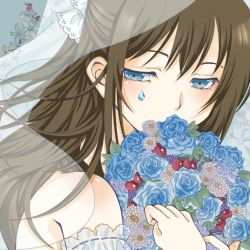 Rule 34 | 1girl, anata no risou no heroine, aqua bow, aqua eyes, artist name, artist request, blue eyes, blush, bouquet, bow, breasts, brown hair, collarbone, cross-laced clothes, cross-laced dress, dress, drop earrings, earrings, female focus, flower, frilled dress, frilled straps, frills, hair between eyes, hair bobbles, hair bow, hair ornament, hairclip, half-closed eyes, halter dress, halterneck, holding, holding bouquet, holding flower, jewelry, long hair, looking at viewer, love live!, love live! nijigasaki high school idol club, love live! school idol festival, necklace, osaka shizuku, parted lips, pink flower, pleated dress, ponytail, puffy short sleeves, puffy sleeves, purple flower, purple rose, ribbon, rose, see-through, see-through dress, shell hair ornament, short sleeves, smile, solo, star (symbol), star hair ornament, upper body, white bow, white dress, white veil