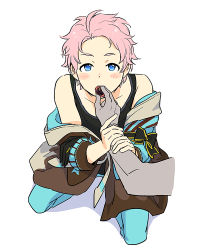 Rule 34 | 10s, 1boy, blue eyes, blush stickers, bow, chocolate, colored skin, feeding, grey skin, idolmaster, idolmaster side-m, kabuto daigo, kneeling, male focus, off shoulder, open mouth, pink hair, simple background, solo, tank top, valentine, white background, youhe hino