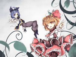 Rule 34 | 2girls, alternate costume, belt, blonde hair, blue eyes, blue hair, boots, bow, breasts, capelet, cirno, dress, fairy wings, fang, frilled skirt, frilled sleeves, frills, gloves, hair bow, hair ribbon, highres, layered dress, looking at viewer, medium breasts, multiple girls, neetsr, open mouth, pants, pointing, pointing at viewer, red eyes, red ribbon, ribbon, rumia, shawl, short hair, skirt, smile, touhou, vest, wings