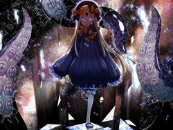 Rule 34 | 1girl, abigail williams (fate), black bow, black footwear, black hat, blonde hair, blue eyes, blush, bow, commentary request, dress, fate/grand order, fate (series), full body, glowing, glowing eyes, hair bow, hat, highres, key, keyhole, long hair, long sleeves, looking at viewer, multiple hair bows, orange bow, parted bangs, polka dot, polka dot bow, shoes, sleeves past fingers, sleeves past wrists, solo, takuteks, tentacles, universe, very long hair