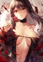Rule 34 | 1girl, bare shoulders, black dress, blurry, blurry background, blurry foreground, breasts, brown hair, buckle, center opening, choker, collarbone, depth of field, dress, earrings, fate/grand order, fate (series), floating hair, flower, fur trim, glint, highres, holding, holding flower, jacket, jewelry, large breasts, leather choker, light particles, long hair, looking at viewer, motokonut, navel, parted lips, petals, red eyes, red flower, revealing clothes, sidelocks, solo, sparkle, stomach, strapless, strapless dress, tsurime, upper body, very long hair, wide sleeves, wind, yu mei-ren (fate)
