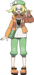 Rule 34 | 1girl, :d, bag, bianca (pokemon), blonde hair, blouse, bow, capri pants, collarbone, creatures (company), eyelashes, full body, game freak, glasses, green bag, green eyes, green hat, green pants, hand up, hat, hat bow, highres, jacket, long sleeves, looking at viewer, nintendo, official art, open clothes, open jacket, open mouth, orange footwear, orange jacket, pants, parted bangs, pokemon, pokemon bw2, red-framed eyewear, semi-rimless eyewear, shirt, shoes, shoulder bag, smile, solo, standing, teeth, tongue, transparent background, upper teeth only, v-neck, white bow, white shirt