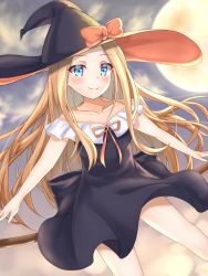 Rule 34 | 1girl, abigail williams (fate), back bow, bad id, bad pixiv id, black bow, black dress, black hat, blonde hair, blue eyes, blush, bow, bug, butterfly, closed mouth, cloud, cloudy sky, collarbone, commentary request, dress, fate/grand order, fate (series), forehead, full moon, hat, hat bow, highres, insect, long hair, long sleeves, moon, off-shoulder dress, off shoulder, orange bow, parted bangs, sky, smile, solo, tsukiyono, very long hair, witch hat