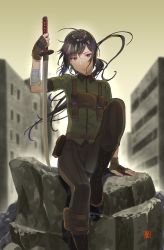 Rule 34 | 1boy, androgynous, arm support, black footwear, black hair, blurry, blurry background, bomhat, boots, brown gloves, brown pants, fingerless gloves, floating hair, gloves, green jacket, highres, holding, holding sword, holding weapon, jacket, katana, long hair, looking at viewer, male focus, military, military uniform, outdoors, pants, ponytail, purple eyes, sitting, solo, steins;gate, sword, uniform, urushibara ruka, weapon