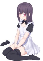 Rule 34 | 1girl, apron, between legs, black dress, black footwear, black hair, black thighhighs, blush, commentary request, dress, frilled apron, frills, full body, hair between eyes, hand between legs, highres, jilu, long hair, looking at viewer, maid, maid apron, no shoes, original, parted lips, puffy short sleeves, puffy sleeves, red eyes, shoes, short sleeves, simple background, sitting, solo, sweat, thighhighs, unworn shoe, unworn shoes, wariza, white background
