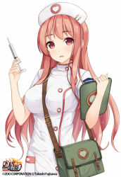 Rule 34 | 1girl, :d, breasts, clipboard, hat, large breasts, long hair, looking at viewer, nurse, nurse cap, open mouth, original, pink eyes, pink hair, shuuichi, simple background, sitting, smile, solo, standing, syringe, white background