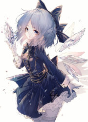 Rule 34 | 1girl, absurdres, alternate costume, blue dress, blue eyes, blue hair, bow, bowtie, cirno, cowboy shot, dress, formal, garter straps, gloves, hair bow, happy, highres, hito komoru, ice, ice wings, lace, light particles, looking at viewer, looking to the side, shadow, short hair, smile, solo, touhou, white gloves, wings