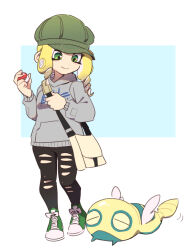 Rule 34 | 1girl, bag, blonde hair, creatures (company), dede (qwea 00000), dunsparce, game freak, gen 2 pokemon, green eyes, green headwear, handbag, holding, holding poke ball, hood, hoodie, looking at another, motion lines, nintendo, octoling, octoling girl, octoling player character, pants, poke ball, poke ball (basic), pokemon, pokemon (creature), smile, splatoon (series), tentacle hair, torn clothes, torn pants, wings