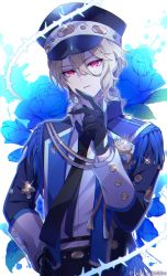 Rule 34 | 1boy, blonde hair, blue flower, blue rose, earrings, floral background, flower, gloves, guiltia brion, hands on own hips, hat, highres, idol, jewelry, long sleeves, looking at viewer, male focus, open mouth, pants, red eyes, rose, short hair, solo, visual prison, white background, yuka sakishiro