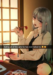 Rule 34 | 1girl, bandaid, bandaid on face, black socks, blush, censored, chopsticks, commentary, cutting board, earrings, english commentary, english text, grey hair, holding, holding chopsticks, indian style, jewelry, kneehighs, long hair, looking at viewer, minxei, mosaic censoring, necktie, open mouth, original, paid reward available, pleated skirt, red eyes, school uniform, sitting, skirt, socks, solo, tongue, tongue out, yandere
