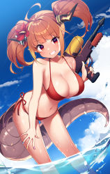 Rule 34 | 1girl, absurdres, ahoge, artist name, asacoco, bikini, blonde hair, blunt bangs, bow, breasts, cleavage, cloud, dragon girl, dragon horns, flower, grin, hair flower, hair ornament, halterneck, highres, hololive, horn bow, horn ornament, horns, kiryu coco, large breasts, long hair, looking at viewer, multicolored hair, nail polish, nyasunyadoora, orange hair, outdoors, partially submerged, pointy ears, red eyes, side-tie bikini bottom, sidelocks, sky, smile, solo, standing, string bikini, striped, swimsuit, tail, twintails, virtual youtuber, water gun