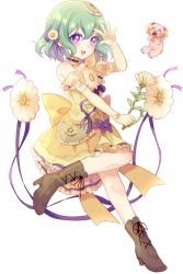 Rule 34 | 1girl, :d, absurdres, blush, boots, bow, brown footwear, detached sleeves, dress, flower, full body, green hair, hair flower, hair ornament, hand up, highres, looking at viewer, magical daisy, mahou shoujo ikusei keikaku, open mouth, puffy short sleeves, puffy sleeves, purple bow, purple eyes, short hair, short sleeves, smile, transparent background, yellow dress, yunare