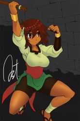 Rule 34 | 1girl, ajna (indivisible), ankle wrap, ast, axe, bike shorts, breasts, commentary request, dark-skinned female, dark skin, indivisible, jiete, sandals, short hair, solo, thick thighs, thighs, weapon