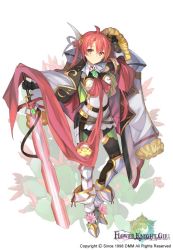 Rule 34 | 1girl, ahoge, armor, belt, black gloves, black thighhighs, boots, brown eyes, dreamlight2000, expressionless, flower, flower knight girl, full body, gloves, hoshikujaku (flower knight girl), long hair, looking at viewer, name connection, object namesake, official art, red hair, solo, standing, sword, thighhighs, weapon, white background