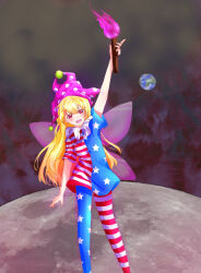 Rule 34 | 1girl, american flag, american flag print, arms up, blonde hair, clownpiece, earth (planet), fire, flag print, hat, highres, holding, holding torch, jester cap, jester costume, long hair, looking at viewer, moon, open mouth, planet, purple eyes, purple fire, scenery, shee take, solo, space, torch, touhou