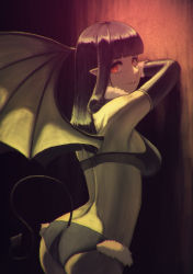 Rule 34 | 1girl, arm support, ass, bikini, black bra, black hair, black panties, bra, bra strap, demon girl, demon wings, eva (mon-musu quest!), eyelashes, female focus, highres, leaning, long hair, looking at viewer, looking back, mon-musu quest!, panties, pointy ears, red eyes, sexually suggestive, shaded face, smile, solo, standing, straight hair, swimsuit, tail, to kage p, underwear, wide hips, wings