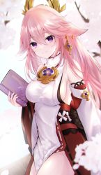 Rule 34 | 1girl, animal ears, arm at side, bad id, bad pixiv id, bare shoulders, book, breasts, cherry blossoms, commentary, cowboy shot, detached sleeves, earrings, fingernails, floppy ears, floral print, fox ears, fox shadow puppet, genshin impact, hair ornament, highres, holding, holding book, ion i, japanese clothes, jewelry, light smile, long hair, looking at viewer, low-tied long hair, medium breasts, miko, nail polish, pendant, pink hair, pink nails, priestess, purple eyes, ribbon-trimmed clothes, ribbon-trimmed sleeves, ribbon trim, sideboob, solo, vision (genshin impact), white background, wide sleeves, yae miko