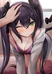 Rule 34 | 1girl, absurdres, all fours, arm support, black hair, black ribbon, blush, breasts, cat tail, cbi cbi, cleavage, closed mouth, green eyes, hair between eyes, hair ribbon, headpat, highres, indoors, jacket, long hair, long sleeves, looking at viewer, loungewear, medium breasts, mole, mole under eye, one eye closed, open clothes, open jacket, original, pov, pov hands, ribbon, tail, white jacket