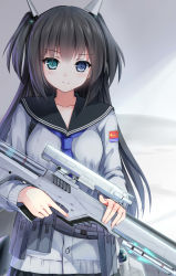 Rule 34 | 1girl, aircraft, airplane, black hair, blazer, blue eyes, buttons, collarbone, eyebrows, fighter girls project, fighter jet, flag, green eyes, gun, hagi (ame hagi), heterochromia, highres, holding, holding gun, holding weapon, jacket, jet, long hair, long sleeves, looking at viewer, military, military vehicle, neckerchief, original, people&#039;s liberation army, people&#039;s liberation army navy, rifle, sailor collar, school uniform, serafuku, solo, trigger discipline, weapon