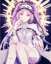 Rule 34 | 1girl, black ribbon, choker, dress, eyelashes, fate/grand order, fate/hollow ataraxia, fate (series), hairband, headdress, highres, long hair, perspective, purple eyes, purple hair, ribbon, smile, solo, stheno (fate), stheno (third ascension) (fate), strapless, strapless dress, twintails, very long hair, white dress