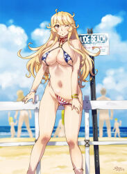Rule 34 | 1girl, 6+others, american flag bikini, american flag print, artist name, beach, bikini, bikini bottom pull, blonde hair, blush, breasts, closed mouth, clothes pull, commission, covered erect nipples, dated, feet out of frame, flag print, gluteal fold, grey eyes, hair between eyes, iowa (kancolle), kantai collection, large breasts, long hair, looking at viewer, multiple others, ocean, one eye closed, outdoors, pixiv commission, print bikini, pulled by self, sameha ikuya, sidelocks, signature, smile, standing, star (symbol), star print, striped bikini, striped clothes, swimsuit, vertical-striped bikini, vertical-striped clothes