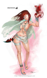 Rule 34 | 1girl, anklet, blindfold, bracelet, dagger, full body, jewelry, kingdom death, knife, lips, lokman lam, long hair, lots of jewelry, magic, navel, necklace, red hair, revealing clothes, sandals, solo, stomach tattoo, tattoo, weapon, white speaker