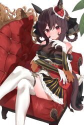 Rule 34 | 1girl, animal ears, arm under breasts, bare shoulders, black dress, bodystocking, braided hair rings, breasts, brown hair, chair, cleavage, closed mouth, collarbone, commentary request, couch, detached sleeves, dress, ear covers, ear ornament, feet out of frame, gentildonna (umamusume), gloves, hair between eyes, hair ornament, hair rings, hand on own face, hand up, heart-shaped ornament, heart ear ornament, highres, horse ears, horse girl, horse tail, large breasts, long hair, long sleeves, looking at viewer, red eyes, see-through, see-through cleavage, simple background, sitting, sleeveless, sleeveless dress, smile, solo, tail, thighs, umamusume, upper body, white background, white gloves, yokawa nagi