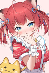 1girl ahoge akami_karubi animal_ears arm_behind_back bag blue_eyes blush dress fangs hair_between_eyes hair_ornament hair_ribbon hand_to_own_mouth handbag head_tilt highres indie_virtual_youtuber kazumiya_yayoi looking_at_viewer paw_print red_dress red_hair ribbon solo two-tone_eyes virtual_youtuber white_dress white_wrist_cuffs wrist_cuffs yellow_eyes