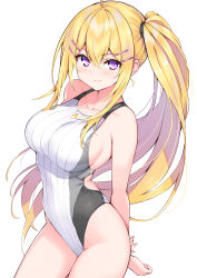 Rule 34 | 1girl, arms behind back, bare arms, bare shoulders, blonde hair, blush, breasts, closed mouth, commentary request, competition swimsuit, cowboy shot, cu-no, groin, hair between eyes, hair ornament, hairclip, hakurei botan, hisen kaede, large breasts, long hair, looking at viewer, one-piece swimsuit, purple eyes, side ponytail, simple background, smile, solo, striped, swimsuit, vertical stripes, very long hair, white background, white one-piece swimsuit