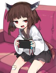 Rule 34 | 1girl, :3, :d, akimaki yuu, bandaid, black skirt, blush, brown hair, commentary request, couch, highres, holding, japanese clothes, long sleeves, looking at viewer, miniskirt, nintendo switch, open mouth, pleated skirt, red eyes, sitting, skirt, smile, solo, touhoku kiritan, voiceroid, white background, wide sleeves