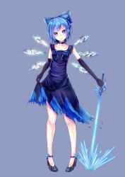 Rule 34 | 1girl, alternate costume, bad id, bad pixiv id, blue dress, blue eyes, blue hair, bow, choker, cirno, clothes lift, collarbone, crystal sword, dabadhi, dress, dress lift, elbow gloves, frills, full body, gloves, hair bow, hair ribbon, high heels, highres, ice, ice wings, lace, large bow, legs, matching hair/eyes, pigeon-toed, ribbon, shoes, short hair, simple background, smile, solo, standing, sword, torn clothes, torn dress, touhou, weapon, wings