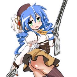 Rule 34 | 1girl, alternate hairstyle, ass, bad id, bad pixiv id, beret, blue hair, blush, corset, cosplay, drill hair, gloves, green eyes, gun, hat, izumi konata, long hair, looking at viewer, lucky star, magical girl, magical musket, mahou shoujo madoka magica, mahou shoujo madoka magica (anime), mizushima (p201112), mole, mole under eye, musket, open mouth, panties, pantyshot, rifle, simple background, skirt, smile, solo, thighhighs, tomoe mami, tomoe mami (cosplay), trigger discipline, twin drills, twintails, underwear, upskirt, weapon, wedgie, white background, white panties